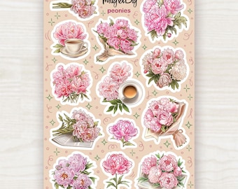 Peony Stickers – Romantic Floral Sticker Sheet with Pink Peonies, Tea and Book for Scrapbooking, Journaling, Planner and Bullet Journal