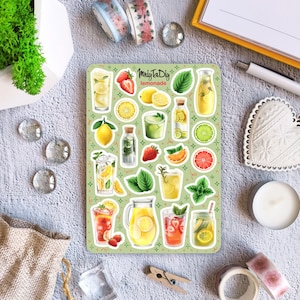 Foglio di adesivi – Limonata. Limonata, bevande, succhi di frutta, frutta, menta, limone, adesivi per bullet journal, adesivi per pianificatore, adesivi per album