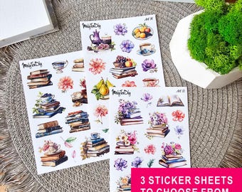 May include: Three sticker sheets with watercolor illustrations of books, flowers, fruit, and teacups. The text "3 STICKER SHEETS TO CHOOSE FROM" is displayed on a pink background. The stickers are labeled "MrigTaDiy" and "Art 90".