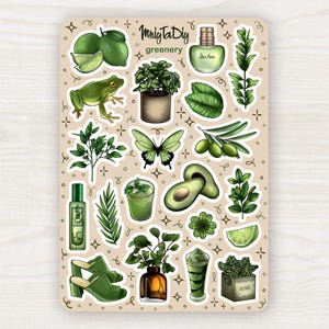 Green Aesthetic Stickers – Botanical Greenery Sticker Sheet for Scrapbooking, Journaling, Planner and Bullet Journal
