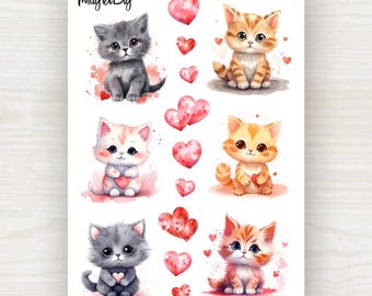 Valentine Cats Sticker Sheet: Cute Kitten with Hearts | for Scrapbooking, Journaling, Planner