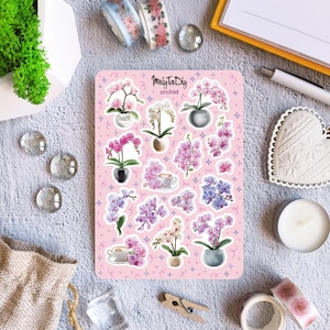 Feuille d'autocollants – Orchidée. Stickers Bullet Journal, Stickers agenda, Stickers scrapbooking, Fleurs, Flore, Botanique, Bouquet, Fleur rose