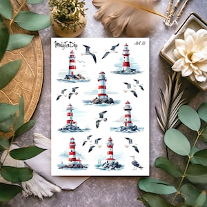 Stickervel – Art 93. Vuurtoren, zee, oceaan, kust, landschap, natuur, Bullet Journal Stickers, Planner Stickers, Scrapbook Stickers