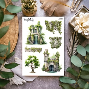 Hoja de pegatinas – Arte 48. Pegatinas Bullet Journal, Pegatinas para diarios, Pegatinas para álbumes de recortes, Pegatinas para castillos, Reino mágico, Pegatinas para árboles