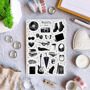 Stickervel – Zwart. Bullet Journal-stickers, planner-stickers, plakboekstickers, zwarte stickers, grafische stickers