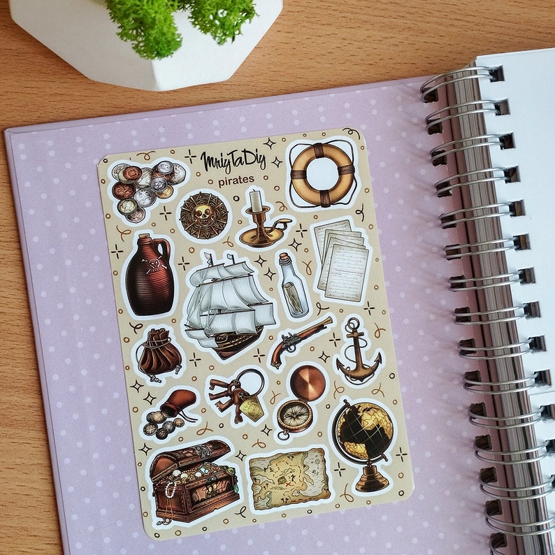 Pirate Stickers – Treasure Map, Ship, Anchor, Coins, Compass and Skull ...