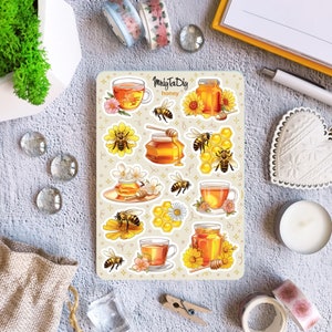 Foglio di adesivi – Miele. Adesivi Bullet Journal, Adesivi Planner, Adesivi Scrapbook, Adesivo Miele, Adesivo Ape, Miele, Estate, Prato