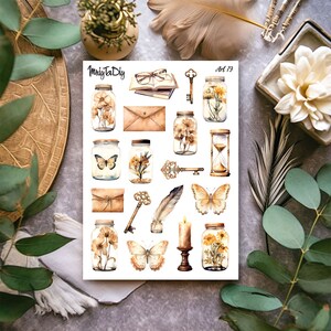 Folha de Adesivos – Arte 79. Envelope, Livros, Chave, Borboletas, Herbário, Vintage, Antiguidades, Ampulheta, Adesivos Bullet Journal