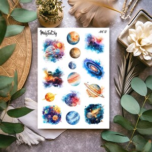 Feuille d'autocollants - Art 92. Espace, galaxie, univers, planètes, Terre, comète, autocollants Bullet Journal, autocollants d'agenda, autocollants de scrapbooking