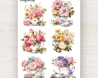 Floral Teacup Stickers: Vintage Flower Tea Cups. For Scrapbooking, Journaling, Planner and Bullet Journal