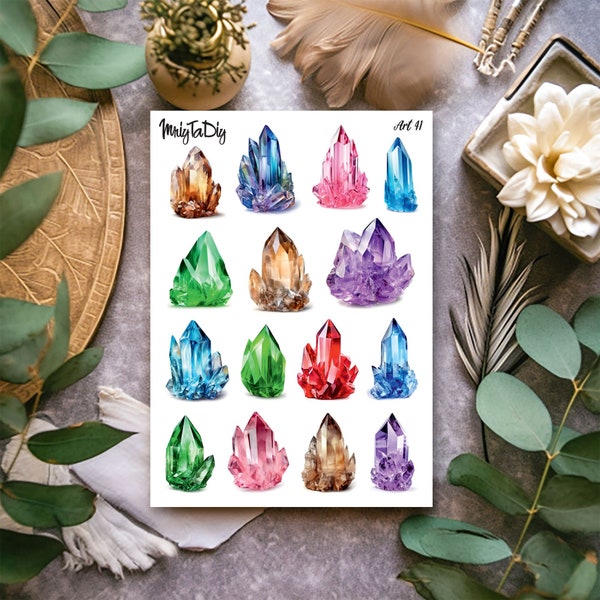 Sticker Sheet – Art 41. Crystal, Bullet Journal Stickers, Scrapbook Stickers, Crystal, Gemstone, Mineral, Witchy Crystal Stickers