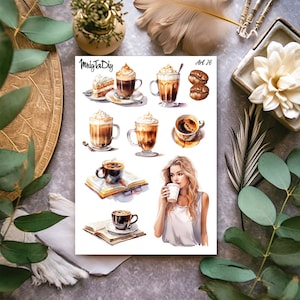 Hoja de pegatinas – Arte 26. Pegatinas de Bullet Journal, Pegatinas de planificador, Pegatinas de álbumes de recortes, Café, Bebida, Pegatinas de acuarela