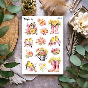 Hoja de pegatinas – Arte 86. Primavera, pájaros, flores, botas de goma, regadera, casita para pájaros, pegatinas de Bullet Journal, pegatinas de planificador