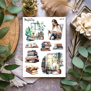 Foglio di adesivi – Art 08. Lettura, libri, adesivi Bullet Journal, adesivi Planner, adesivi scrapbook, adesivi acquerello, adesivi artistici