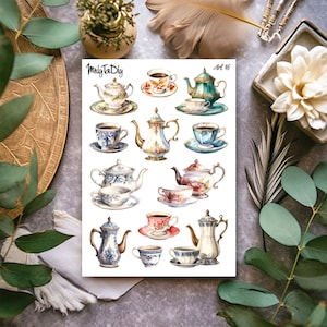 Feuille d’autocollants – Art 46. vintage, Autocollants Bullet Journal, Autocollants planificateur, Autocollants Scrapbook, Plats, Thé, Café