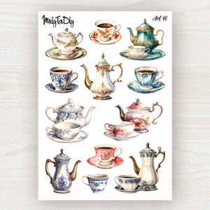 Vintage Teacup and Teapot Stickers: Floral Tea Set. For Scrapbooking, Journaling, Planner and Bullet Journal