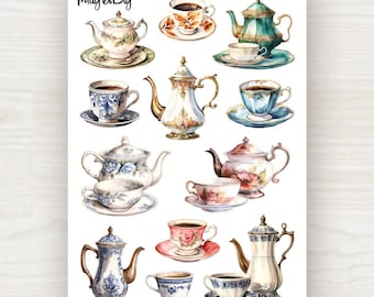 Vintage Teacup and Teapot Stickers: Floral Tea Set. For Scrapbooking, Journaling, Planner and Bullet Journal