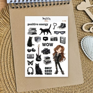 Stickervel - Doll-06. Meisjessticker, meisjesbujo-stickers, meisjesplakboekstickers, meisjesstickervel, esthetische zwarte stickers, rock