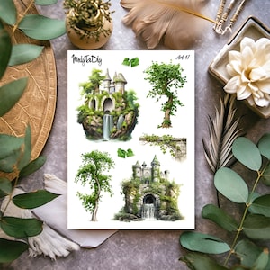 Hoja de pegatinas – Arte 47. Pegatinas Bullet Journal, Pegatinas para diarios, Pegatinas para álbumes de recortes, Pegatinas para castillos, Reino mágico, Pegatinas para árboles