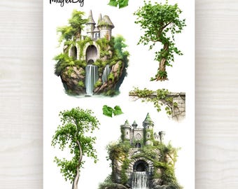 Stickervel sprookjeskasteel: fantasiewatervalscène | voor scrapbooking, journaling, planner