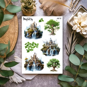 Hoja de pegatinas – Arte 49. Pegatinas Bullet Journal, Pegatinas para diarios, Pegatinas para álbumes de recortes, Pegatinas para castillos, Reino mágico, Pegatinas para árboles