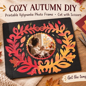 Mall för höstkrans av papper, Vytynanka fotoram, DIY höstdekoration