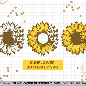 Peut inclure: Un design numérique représentant un tournesol avec des papillons qui volent autour de lui. Le tournesol est jaune avec un centre brun. Les papillons sont bruns avec des taches blanches. Le design est parfait pour les projets d'artisanat, tels que les t-shirts, les tasses et la décoration de la maison.