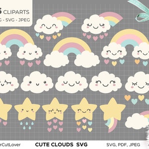 16 Little Cloud Svg Rainbow Clipart Svg Colorful Hearts Rain Drops Svg Baby Cloud Shower Girl SVG | Love Rain Clipart | Little Stars Clipart