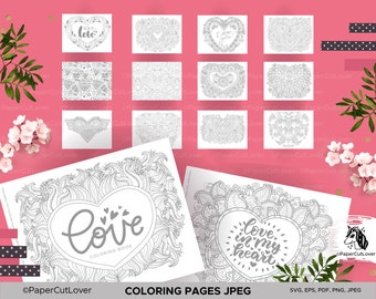 Printable Coloring Pages Set of 14, Adult Coloring Sheets Heart JPEG Valentines Day