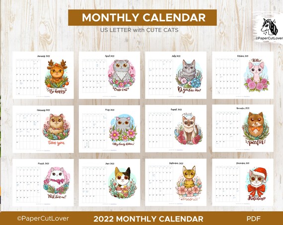 2022 Calendar Printable Pdf Cat Lovers 2022 Calendar Template | Etsy