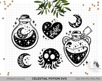 May include: Black and white celestial potion SVG design featuring a heart, moon, skull, and two bottles with stars and moons inside. The text "CELESTIAL POTION SVG" is at the bottom of the image.