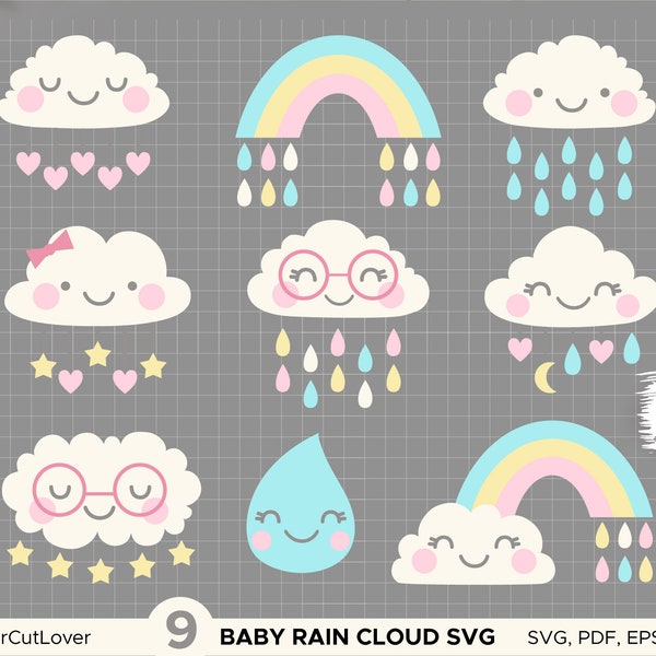 Baby Rain Cloud Svg Colorful Rain Drops Svg Rainbow Svg Baby Girl Shower SVG
