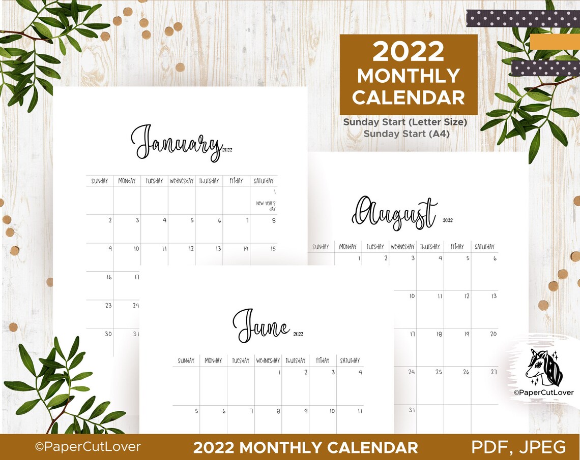 2022 printable calendar pdf letter size a4 template monthly etsy