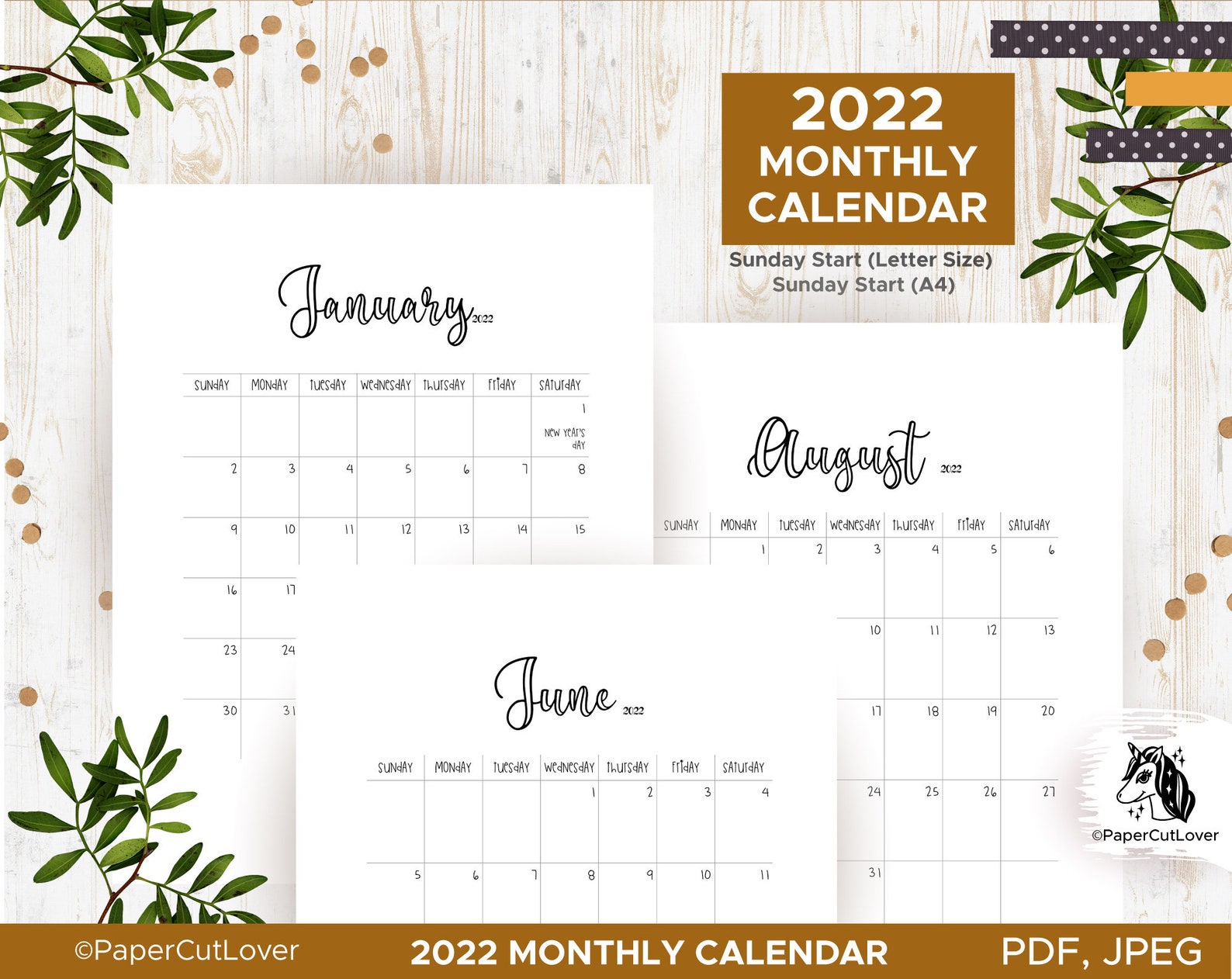 2022 printable calendar pdf letter size a4 template monthly etsy