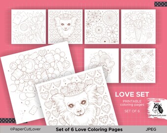 Printable Coloring Pages Set of 6, Adult Coloring Sheets Heart JPEG Valentines Day