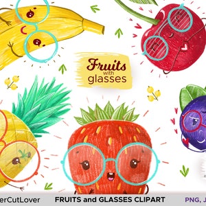 Fruit Clipart PNG | Kawaii Fruit Clipart | Banana, Strawberry, Cherry, Pineapple