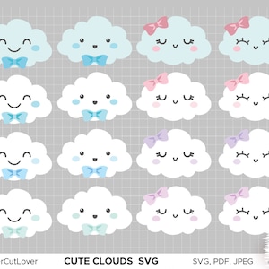 32 Cute Cloud with Bow Svg Cloud Mood PNG Colorful Rain Drops Baby Shower Girl SVG Little Clouds