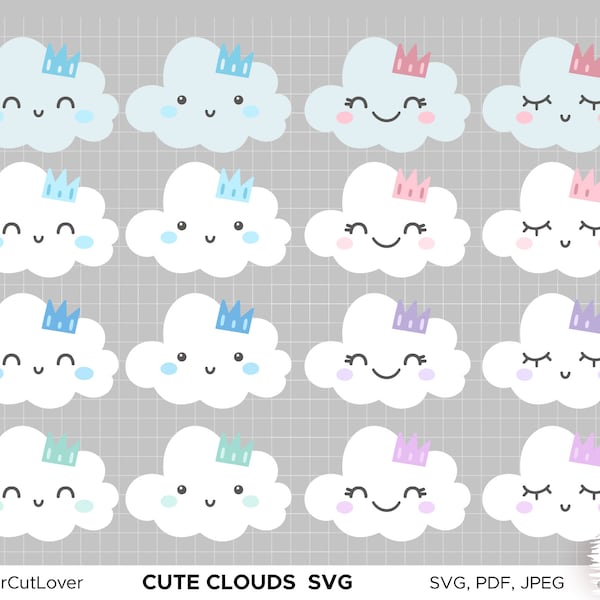 32 Cute Cloud Svg Rainbow PNG Colorful Rain Drops Cloud Mood Svg Baby Shower Girl SVG Little Clouds