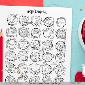 Puede incluir: Una página para colorear en blanco y negro con una cuenta regresiva de 25 ilustraciones para el mes de septiembre. Las ilustraciones incluyen un pájaro, un corazón, una taza de café, un hongo, un libro, un sombrero y más.