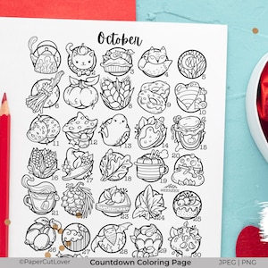 Puede incluir: Una página para colorear imprimible en blanco y negro con una cuenta regresiva de 30 días para octubre. La página presenta una variedad de ilustraciones, que incluyen una tetera, un gato, una calabaza, un pastel, un zorro, un corazón, un hongo, un pájaro, una taza de café, una hoja y un pastel.