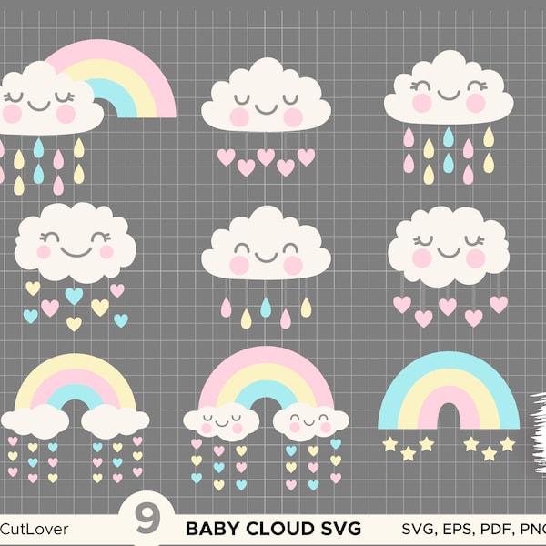 Baby  Cloud Svg Rainbow Svg Colorful Rain Drops Svg Baby Shower Girl SVG