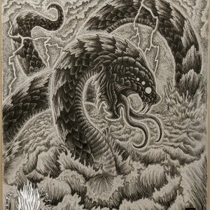 Jormungandr emerge del mar en Ragnarok Impresión de alta calidad Serpiente del mundo Arte nórdico vikingo
