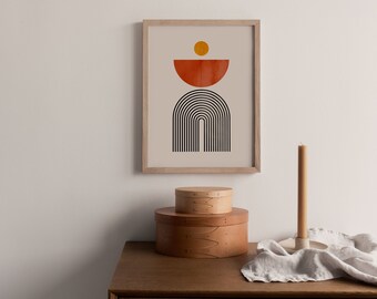 Boho Mid Century Wall Art Print, Neutral Abstract Geometric Digital download Prints, Black, Red Rust en Mosterd