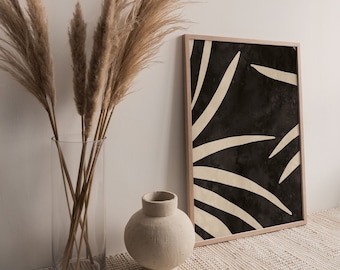 Tropische bladeren Silhouet, Boho Mid Century Wall Art Arch Print, Neutral Abstract Geometrisch, Digitale download Prints, Minimalistisch Zwart