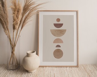 Neutrale maan fasen Boho Mid Century Wall Art Print, Neutrale Abstracte Geometrische Digitale download Prints, Taupe Mauve Beige Minimalistisch