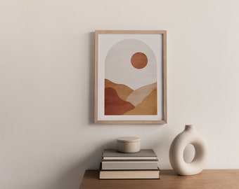 Boho Sunset landschap, Boho Mid Century Wall Art Arch Print, Neutrale Abstract Geometrische, Digitale download Prints, Minimalistisch
