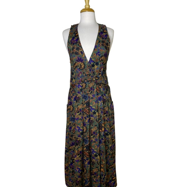 Vintage 90s Green Floral Paisley Sleeveless Double-Breasted Ankle Dress, Pleats, Size 6