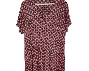 Vintage 90-tals vinröd blommig sparkdräkt med knappar, 5 cm innerbenssöm, storlek Medium