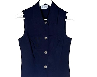 Vintage 90s Women&#39;s Navy Blue Button-Up Collared Vest, Menswear, Career, Size XS