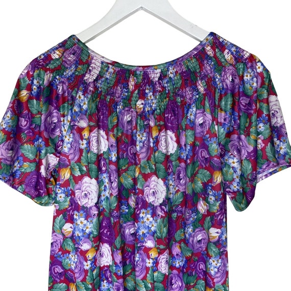 Vintage Purple Floral Smocked Neck Short Sleeve K… - image 4